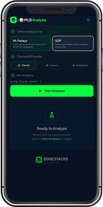 EDGE STACKS MLB analysis configuration on iPhone β ML Parlays and SGP tier selection with Claude, Gemini, and DeepSeek AI providers and green Run Analysis button