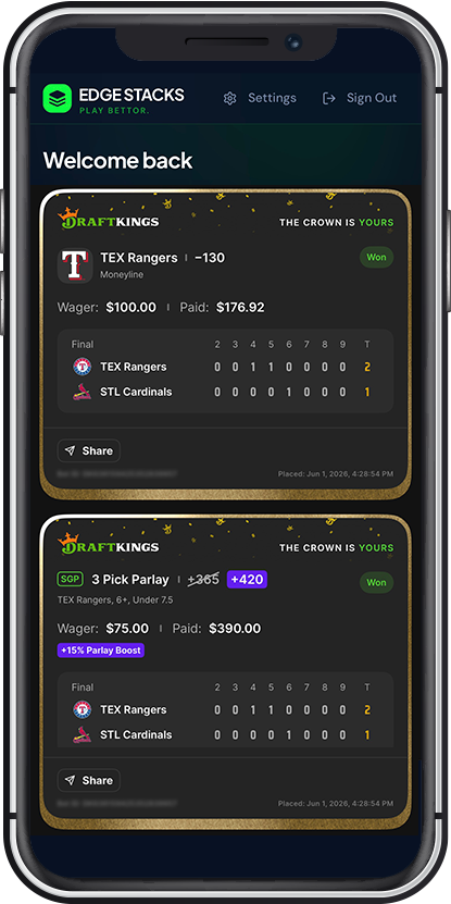 DraftKings winning bet slips on iPhone β Texas Rangers moneyline win paying $176.92 and 3-pick SGP parlay with +420 boosted odds paying $390 on June 1, 2026