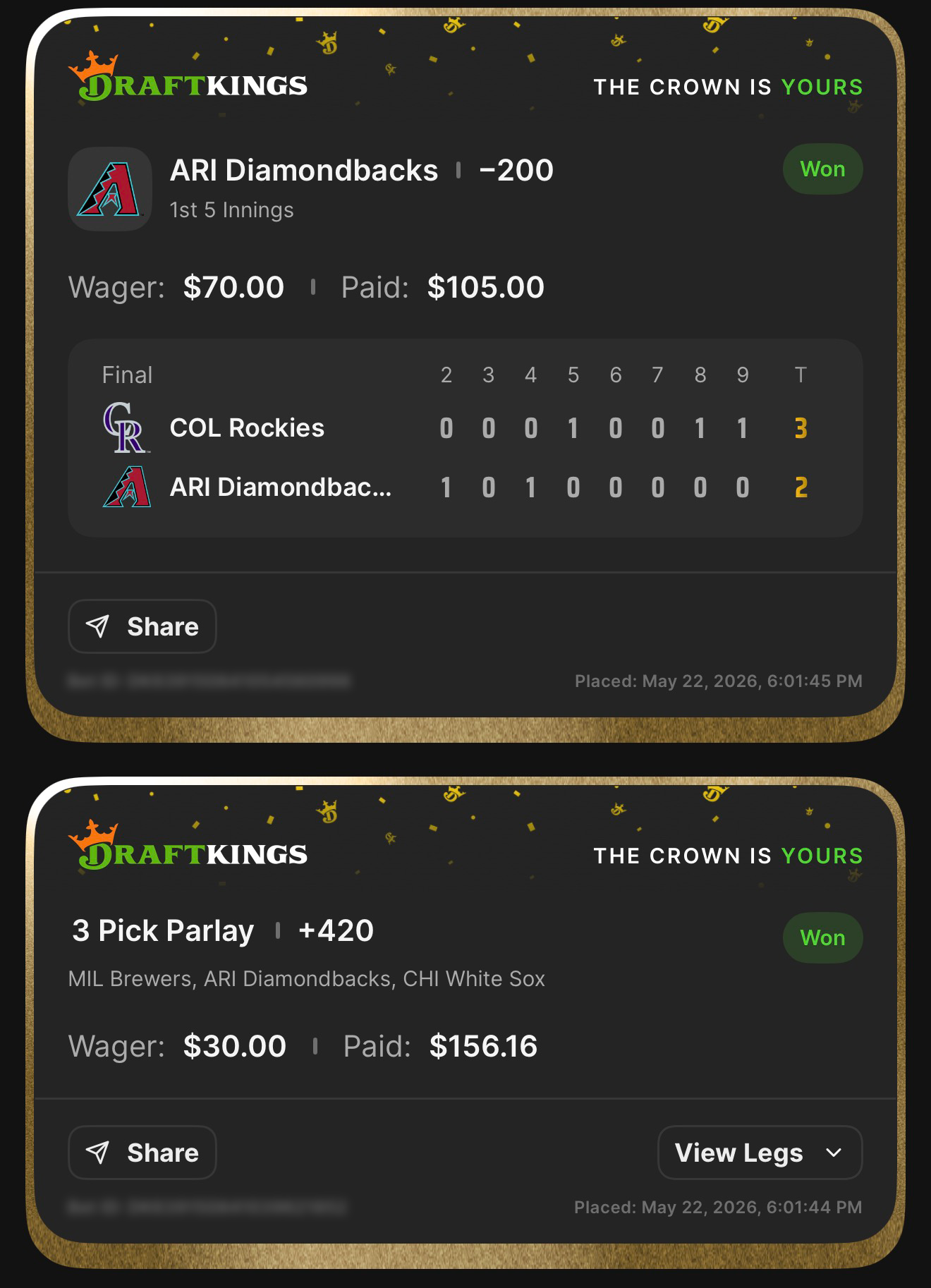 DraftKings ARI Diamondbacks 1st 5 Innings ML at -200 won $70β$105.00 + 3 Pick Parlay +420 MIL Brewers, ARI Diamondbacks, CHI White Sox won $30β$156.16 β Diamondbacks 2, Rockies 3 (ARI led 2-0 through 5) β May 22, 2026
