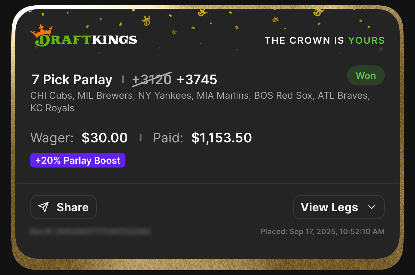 7 Pick Parlay +3745 boosted — CHI Cubs, MIL Brewers, NY Yankees, MIA Marlins, BOS Red Sox, ATL Braves, KC Royals — Won $1,153.50 from $30 with 20% Boost