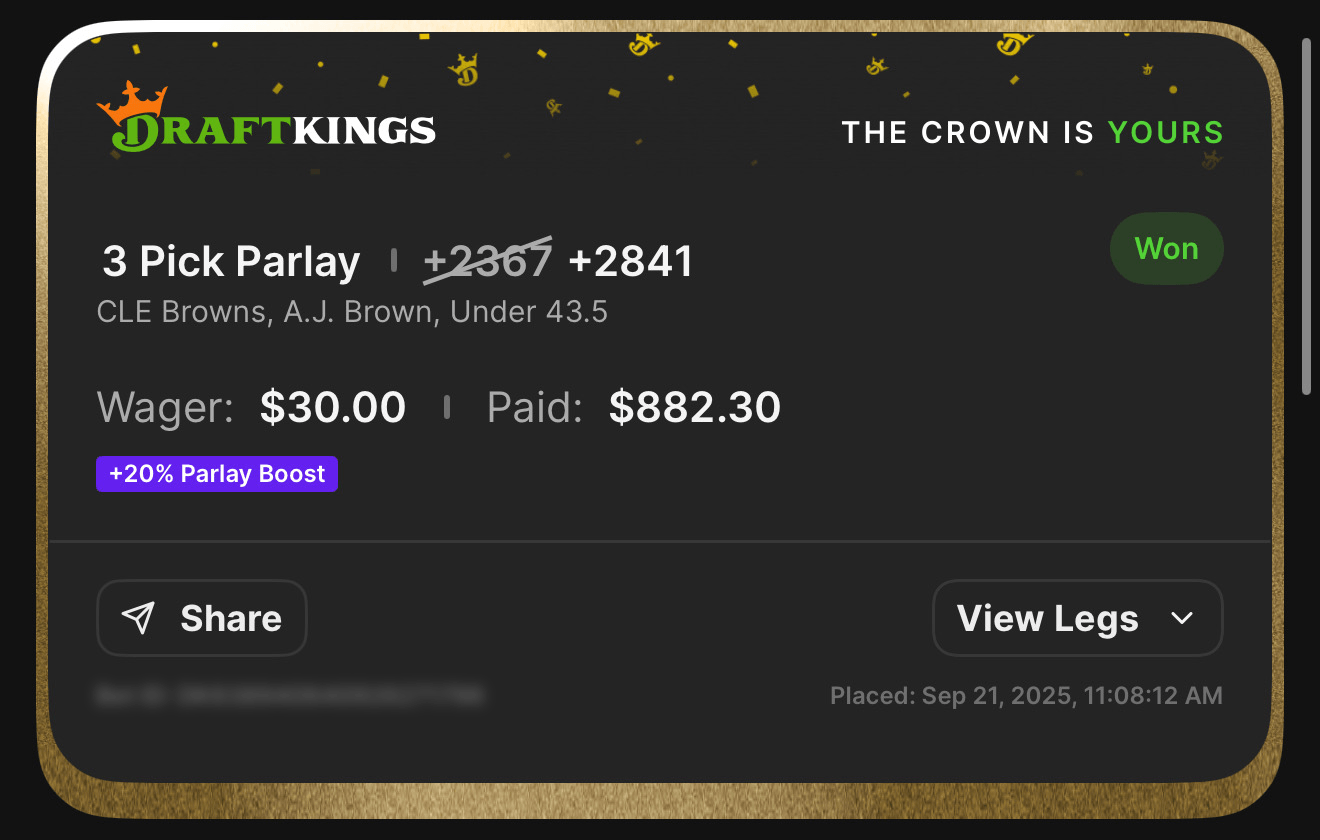 3 Pick Parlay +2841 boosted β CLE Browns, A.J. Brown, Under 43.5 β Won $882.30 from $30 with 20% Boost