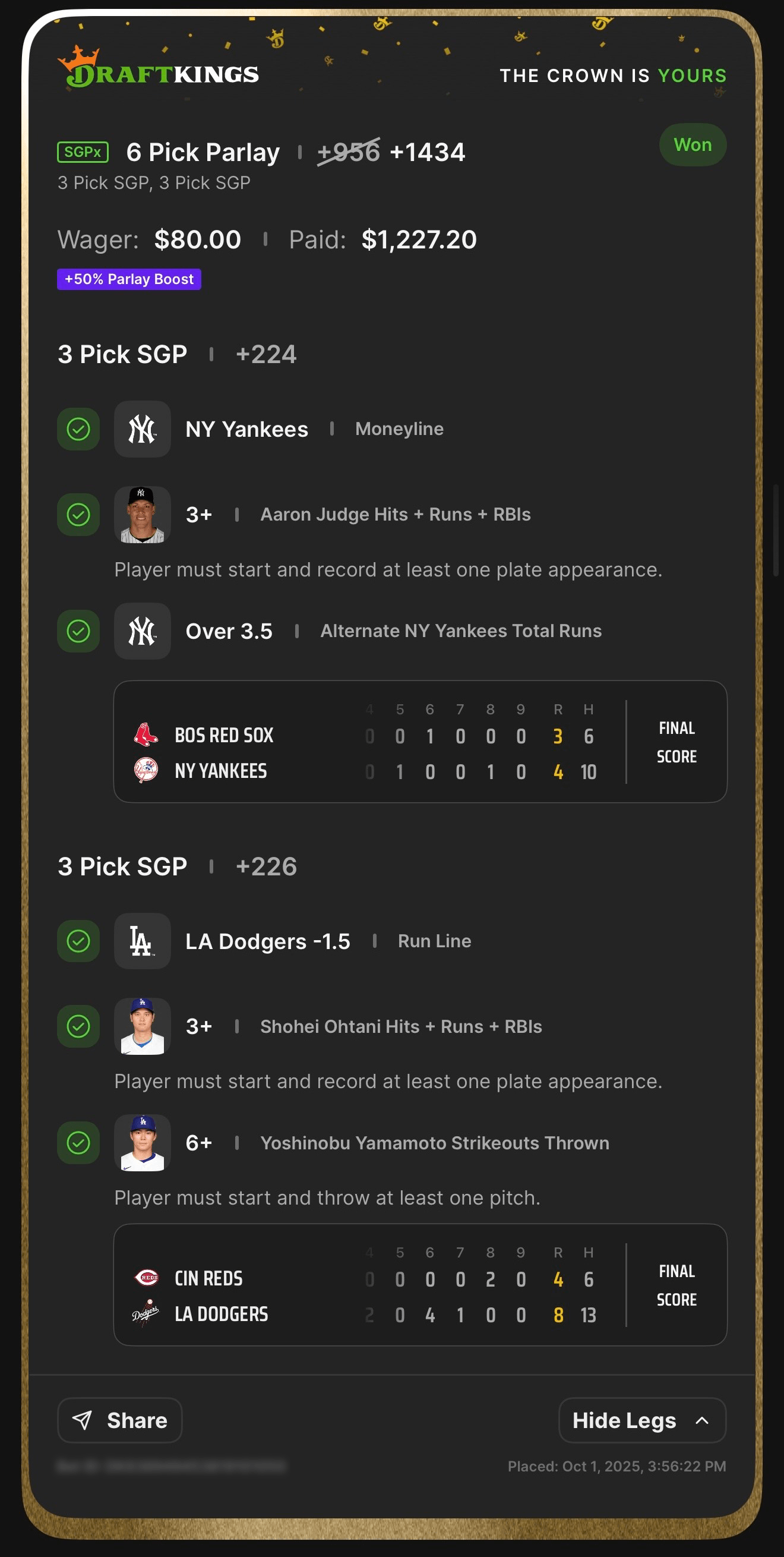 6 Pick SGPx Parlay +1434 boosted — NY Yankees + LA Dodgers SGPs — Won $1,227.20 from $80 with 50% Boost