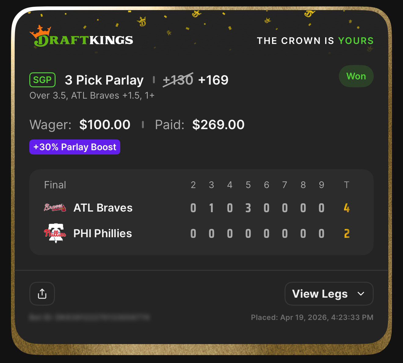 3 Pick SGP +169 boosted β ATL Braves Over 3.5, Braves +1.5, 1+ β Won $269 from $100 with 30% Parlay Boost