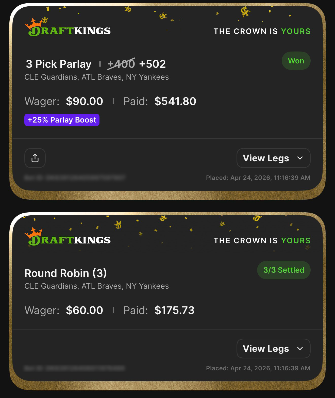 3 Pick Parlay +502 boosted from +400 β CLE Guardians, ATL Braves, NY Yankees β Won $541.80 from $90 with 25% Parlay Boost, plus anchor side bets on the same legs that settled 3/3 for an additional $175.73 from $60 β $717.53 returned on $150 staked