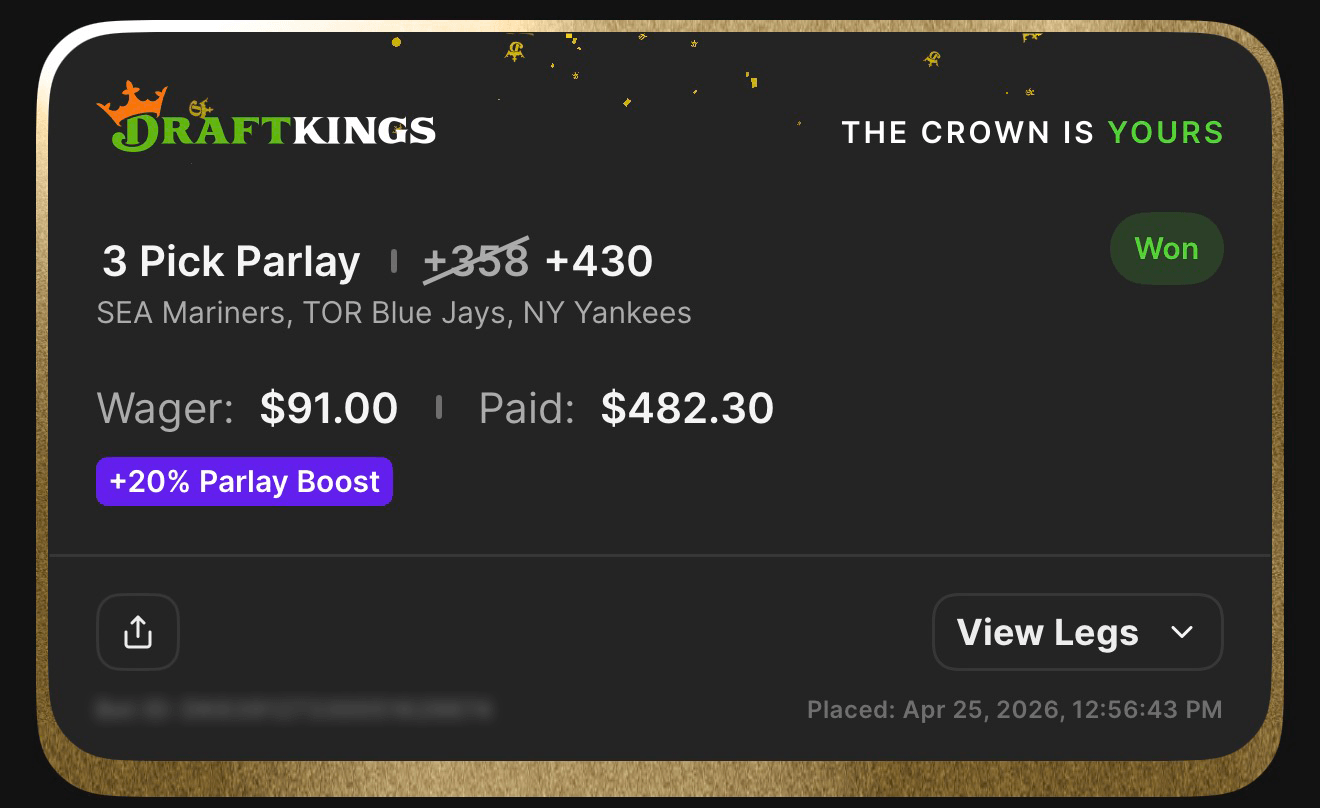 DraftKings 3 Pick Parlay +430 boosted from +358 β SEA Mariners, TOR Blue Jays, NY Yankees moneyline β Won $482.30 from $91 with 20% Parlay Boost