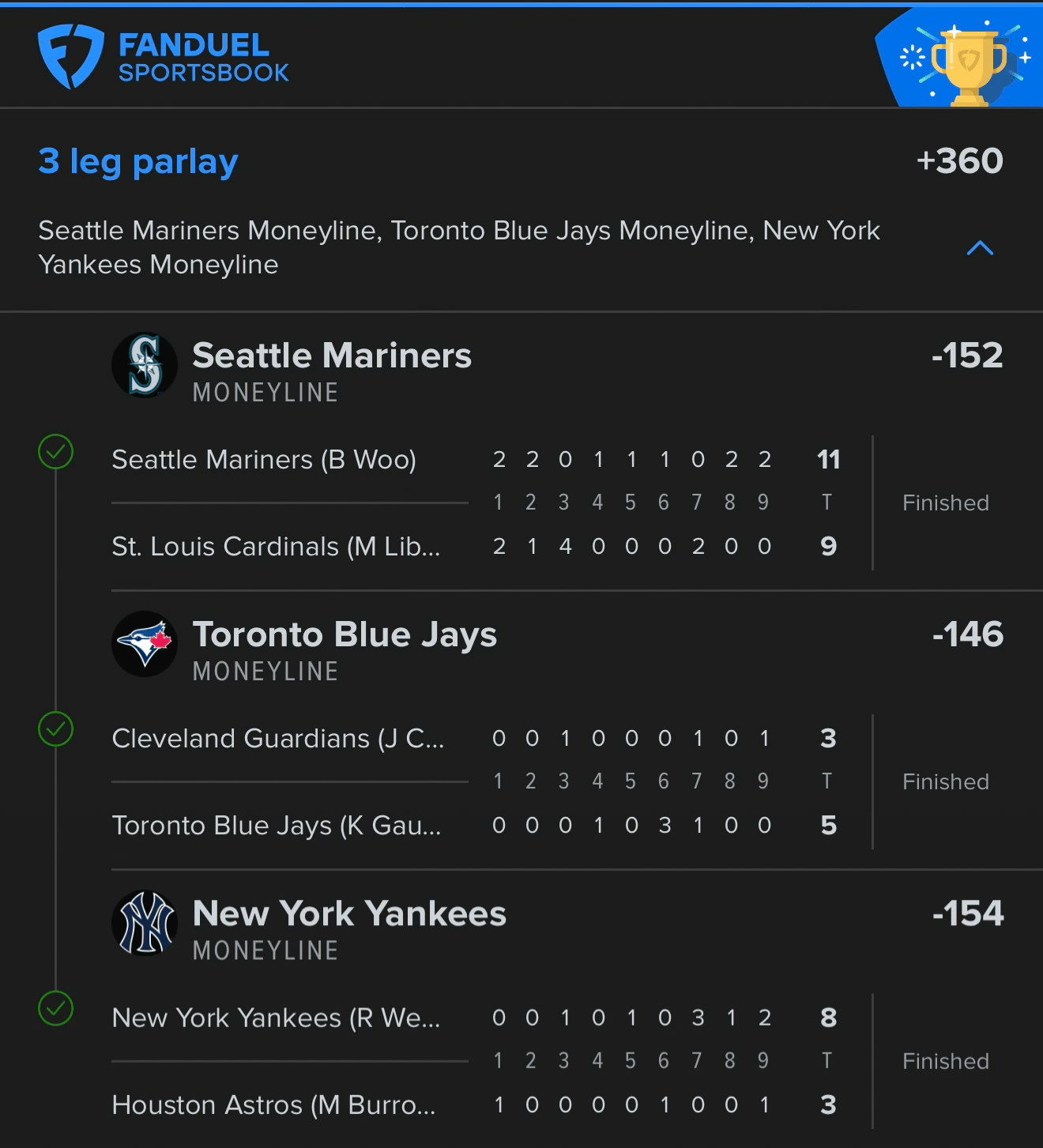 FanDuel 3 Leg Parlay +360 β Seattle Mariners, Toronto Blue Jays, NY Yankees moneyline β Same system picks placed on a second sportsbook, all three favorites won