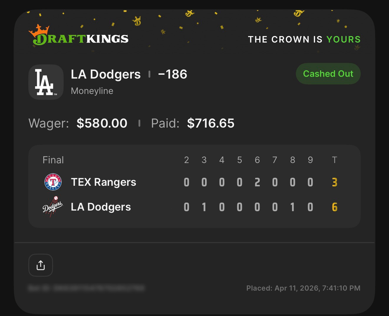 DAL Stars ML -200 — Won $540 from $360 NHL moneyline wager