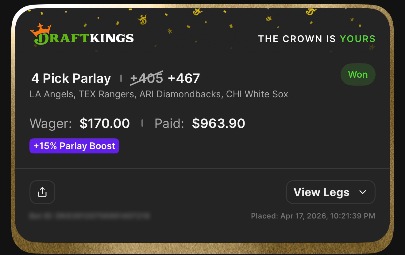 4 Pick Parlay +467 boosted β LA Angels, TEX Rangers, ARI Diamondbacks, CHI White Sox β Won $963.90 from $170 with 15% Parlay Boost