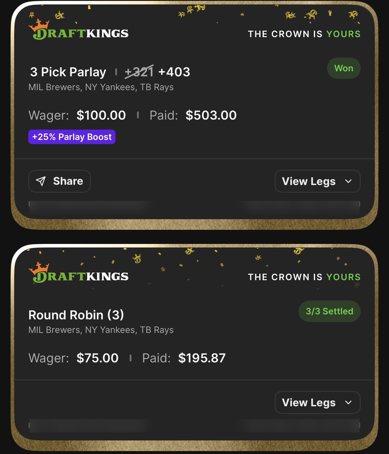 DraftKings 3 Pick Parlay +403 boosted from +321 β MIL Brewers, NY Yankees, TB Rays moneyline β Won $503 from $100 with 25% Parlay Boost, plus anchor side bets settled 3/3 for $195.87 from $75 β $698.87 total returned on $175 staked