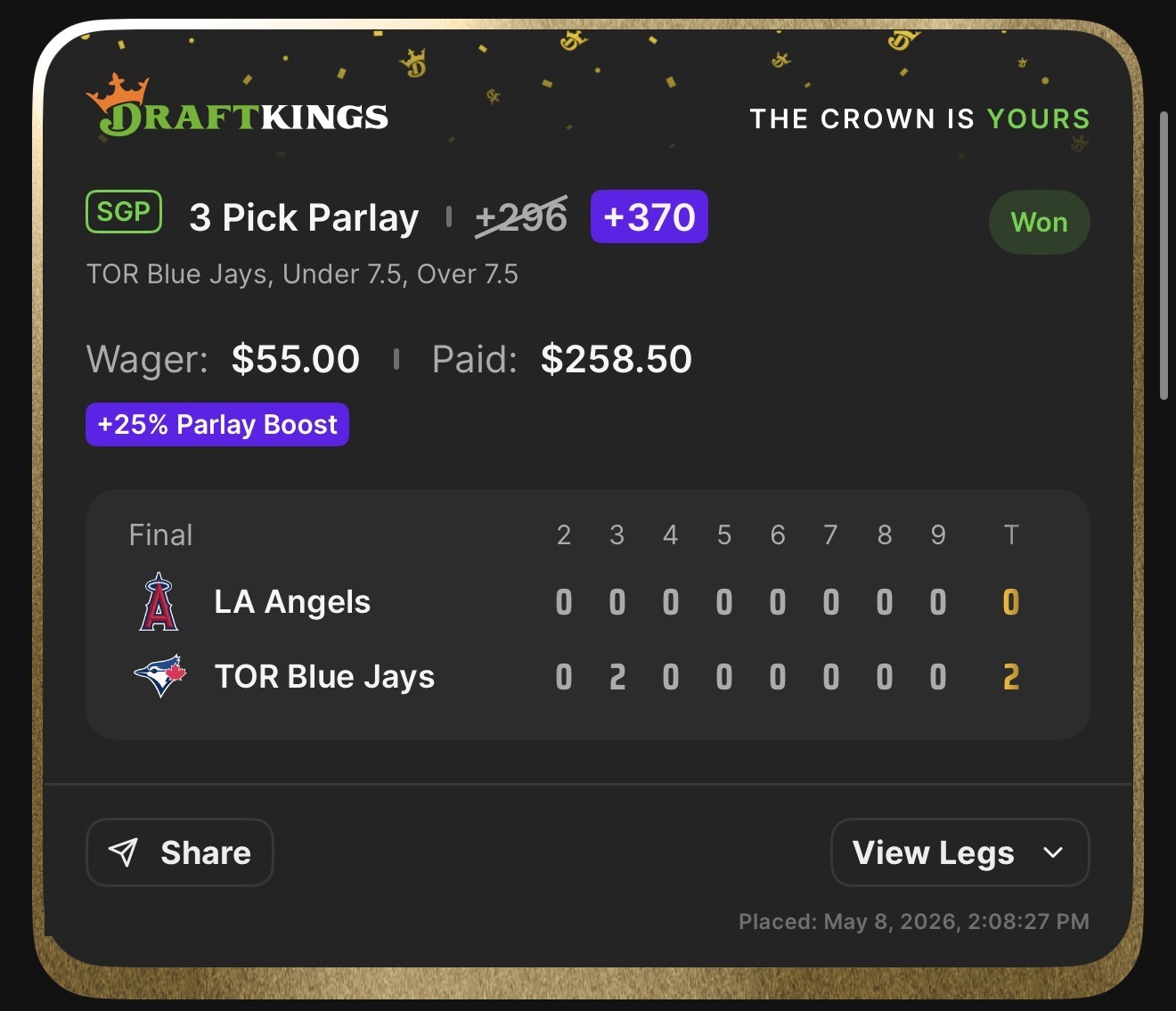 DraftKings SGP +370 boosted from +296 β TOR Blue Jays ML, Under 7.5, Over 7.5 strikeouts β Won $258.50 from $55 with 25% Parlay Boost β SP Dominance Override build: Dylan Cease shut out LA Angels 2-0