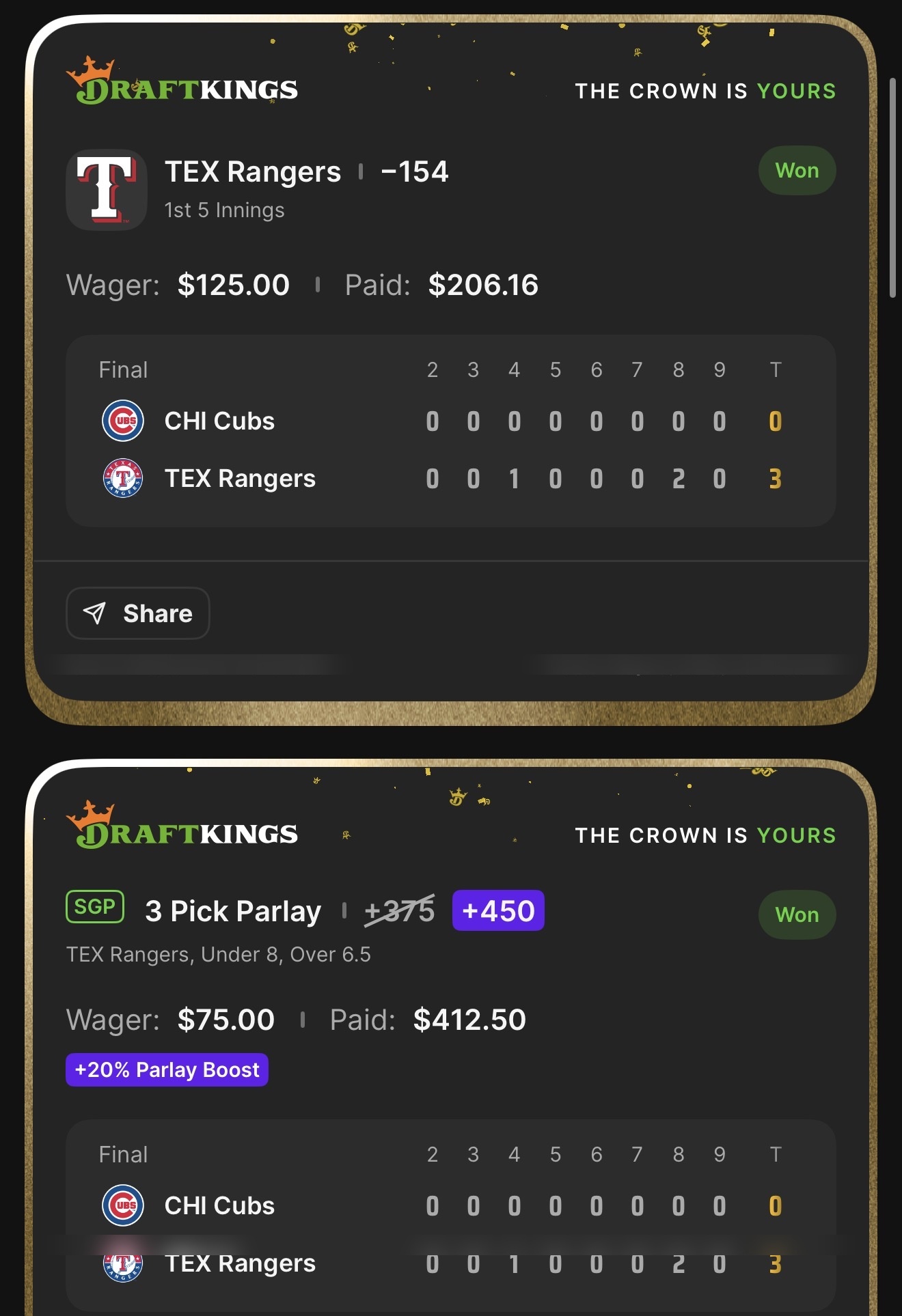 DraftKings TEX Rangers F5 ML -154 anchor bet $125β$206.16 + 3 Pick SGP +450 boosted from +375 β TEX Rangers, Under 8, Over 6.5 β $75β$412.50 with 20% Parlay Boost β $618.66 total returned β deGrom vs Cubs, May 10 2026