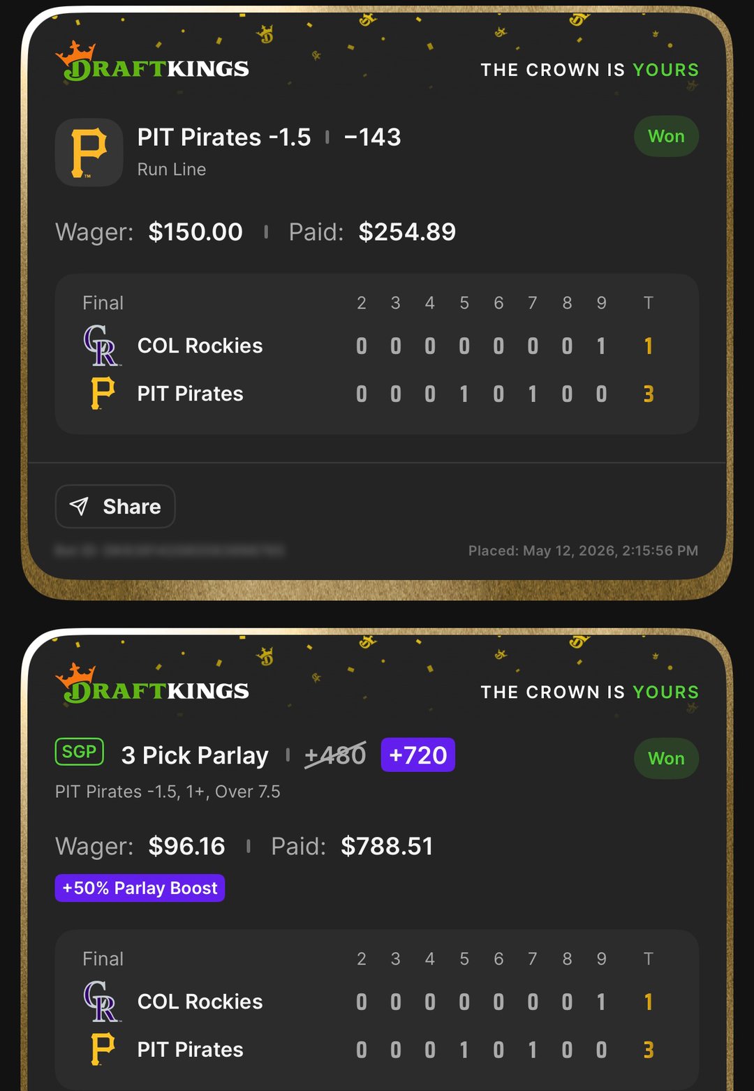 DraftKings Pittsburgh Pirates -1.5 Run Line at -143 won $150β$254.89 + Same-Game 3 Pick SGP at +720 with 50% Boost won $96.16β$788.51 β Skenes Over Ks, Reynolds Over 0.5 RBI, PIT -1.5 β Pirates 3, Rockies 1 β May 12, 2026 system day