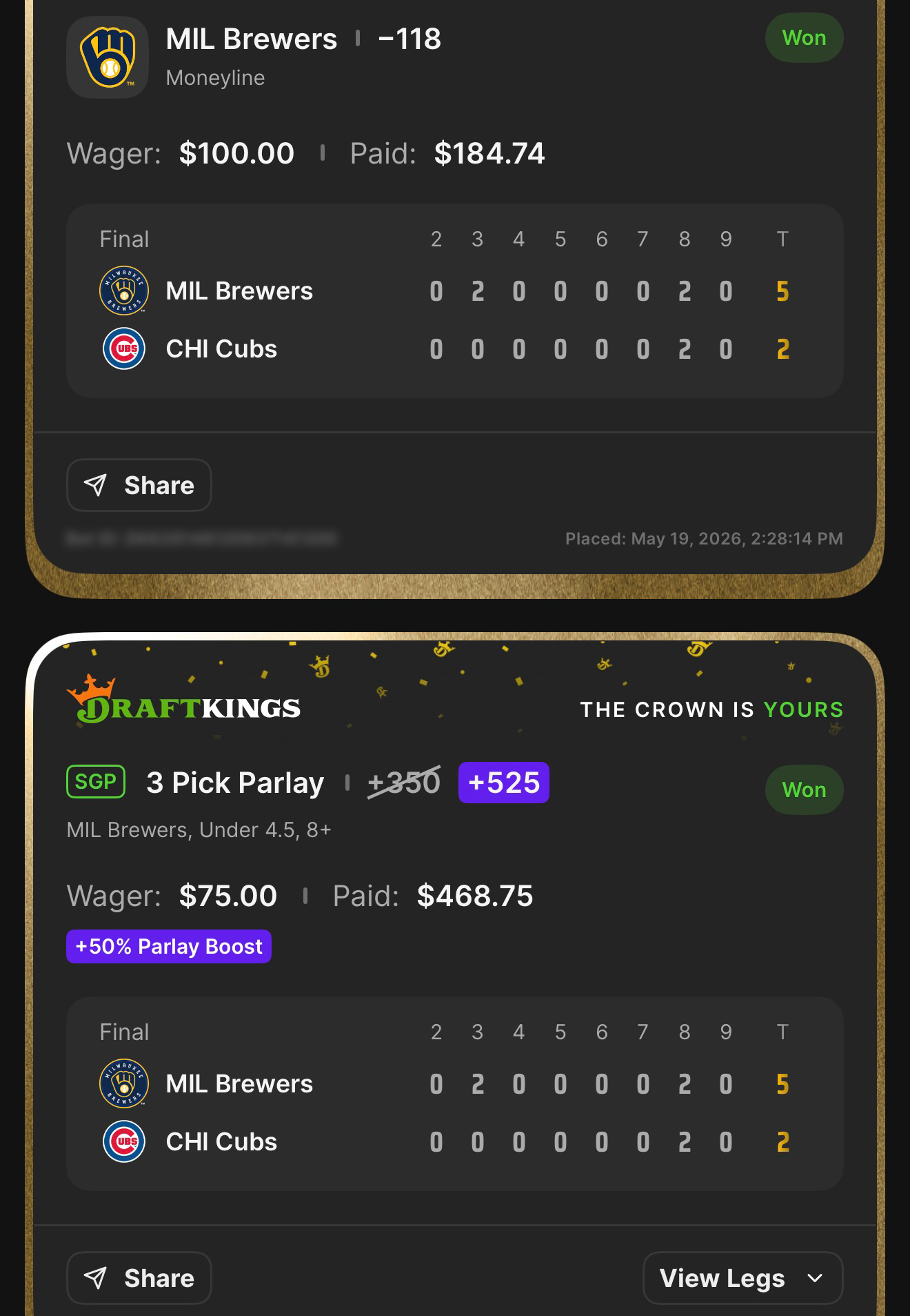 DraftKings MIL Brewers ML anchor at -118 won $100β$184.74 + SGP 3 Pick Parlay +525 (boosted from +350 with +50% Parlay Boost) MIL Brewers, Under 4.5, 8+ won $75β$468.75 β Brewers 5, Cubs 2 β May 19, 2026 clean MLB sweep