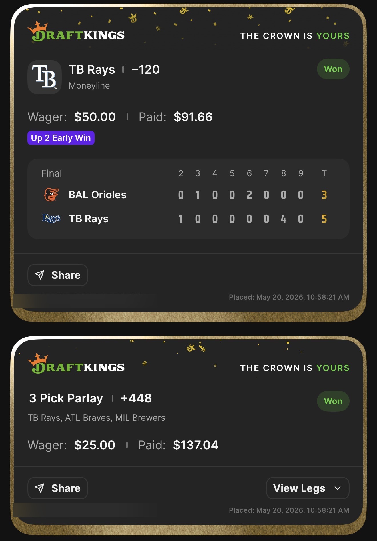 DraftKings TB Rays ML at -120 won $50β$91.66 + 3 Pick Parlay +448 TB Rays, ATL Braves, MIL Brewers won $25β$137.04 β Rays 5, Orioles 3 β May 20, 2026 multi-sport night