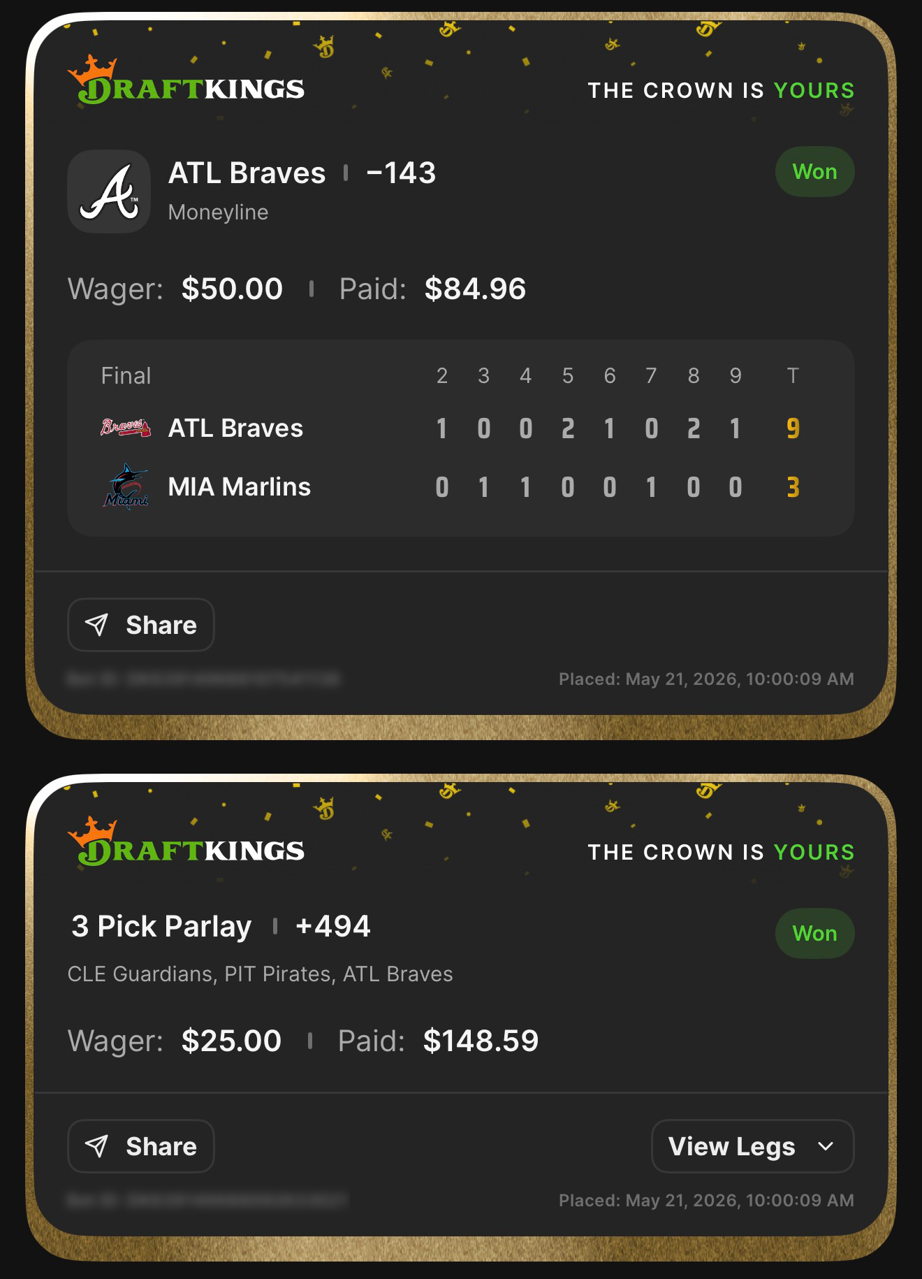 DraftKings ATL Braves ML at -143 won $50β$84.96 + 3 Pick Parlay +494 ATL Braves, PIT Pirates, CLE Guardians won $25β$148.59 β Braves 9, Marlins 3 β May 21, 2026