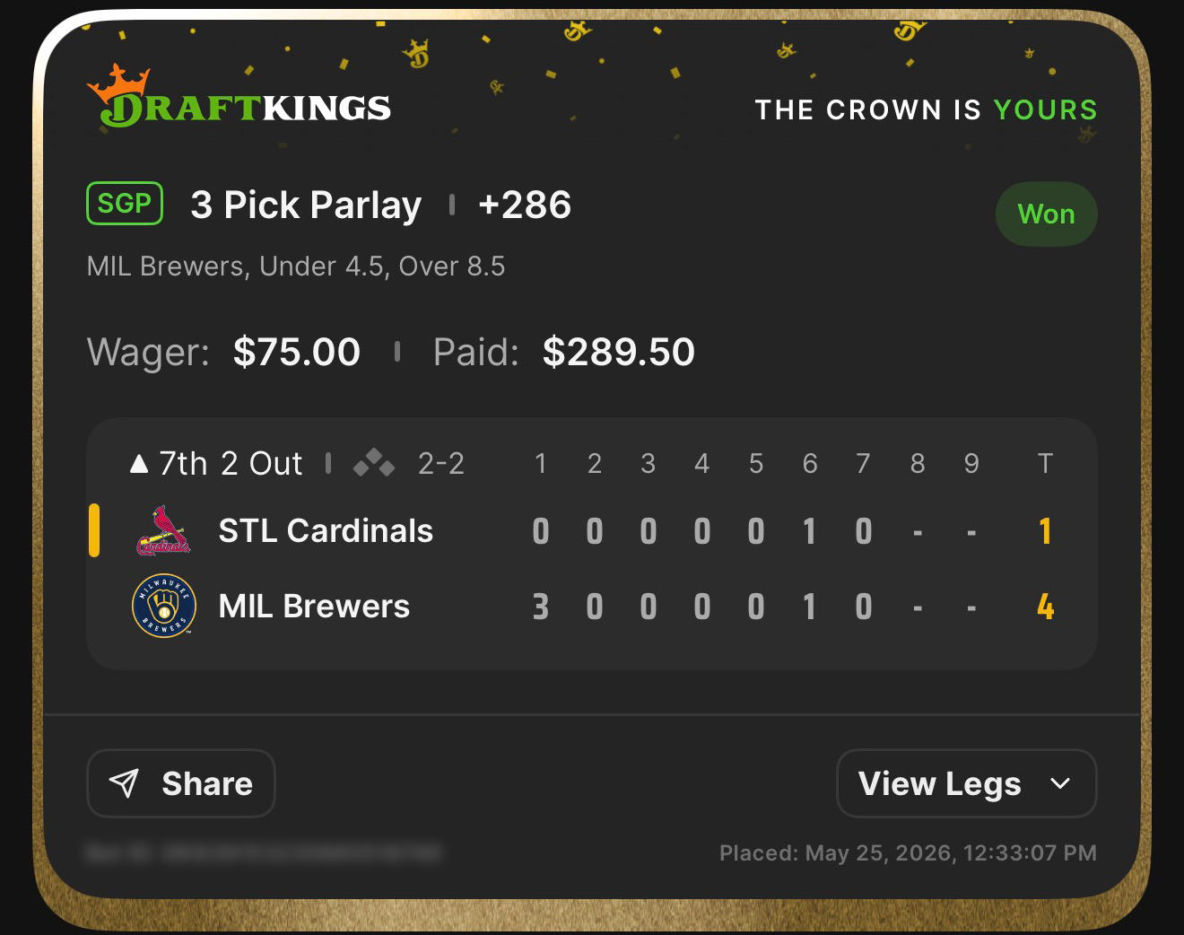 DraftKings SGP 3 Pick Parlay +286 MIL Brewers, Under 4.5, Over 8.5 won $75β$289.50 β Brewers 4, Cardinals 1 β May 25, 2026