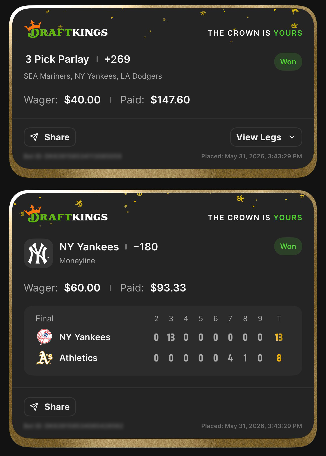 DraftKings 3 Pick Parlay +269 SEA Mariners, NY Yankees, LA Dodgers won $40β$147.60 + NY Yankees ML -180 anchor won $60β$93.33 β Yankees 13, Athletics 8 β May 31, 2026
