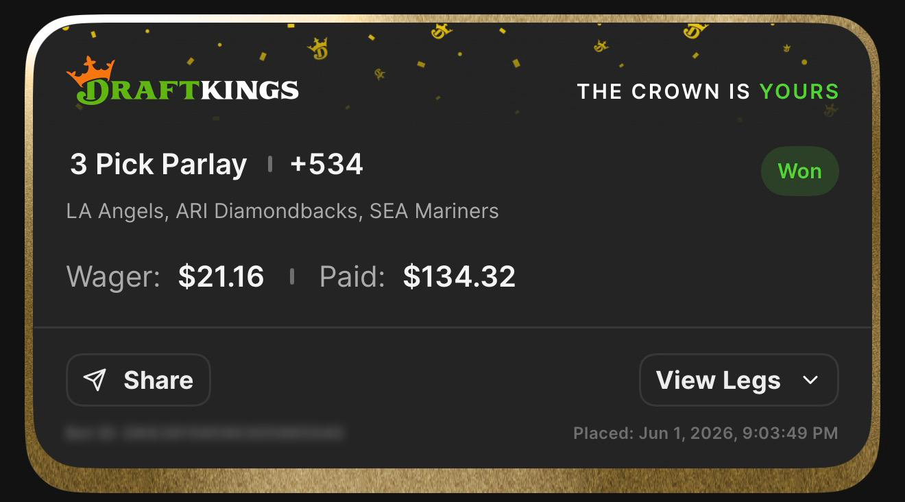 DraftKings 3 Pick Parlay +534 LA Angels, ARI Diamondbacks, SEA Mariners moneyline won $21.16β$134.32 β all three underdogs cashed β June 1, 2026