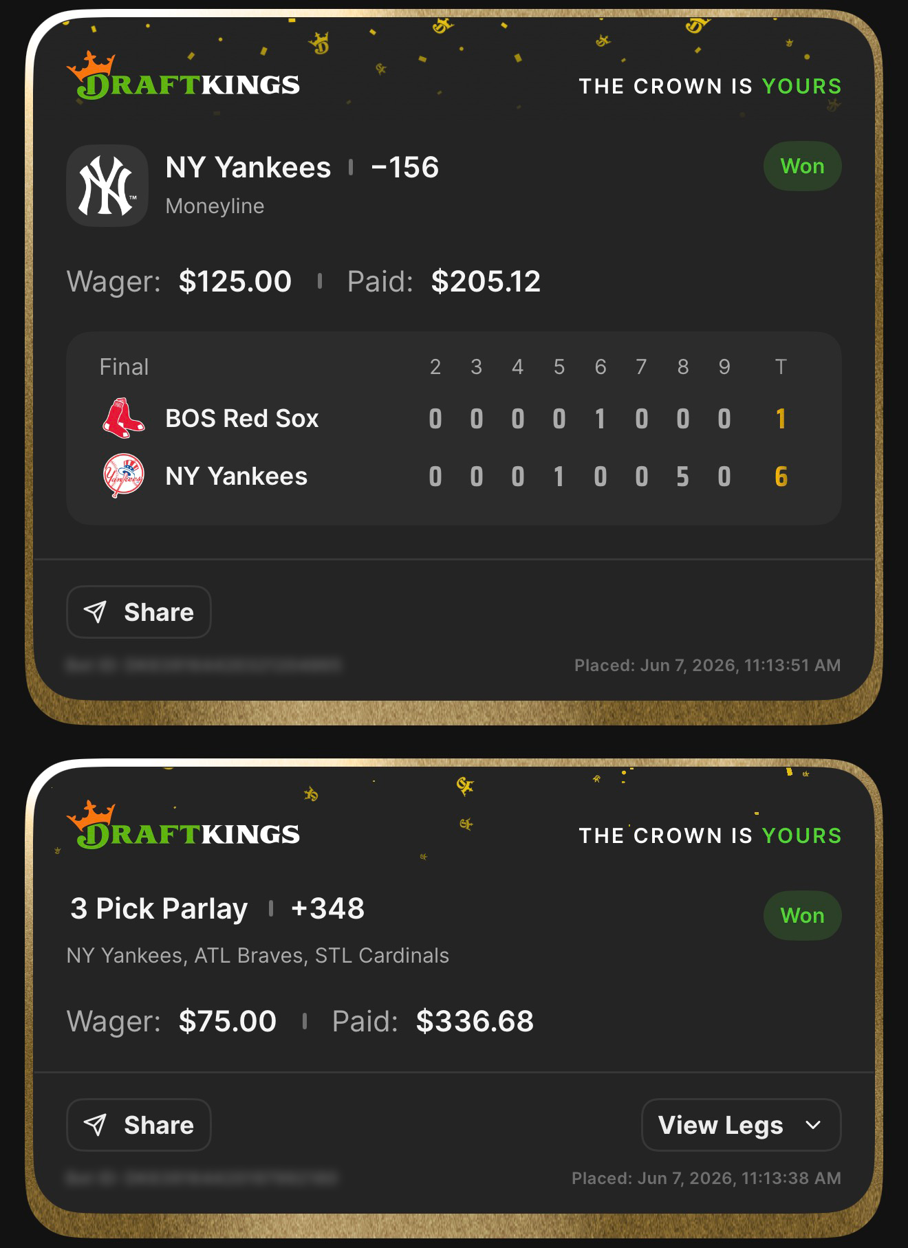 DraftKings NY Yankees ML -156 won $125β$205.12 + 3 Pick Parlay +348 NY Yankees, ATL Braves, STL Cardinals won $75β$336.68 β Yankees 6, Red Sox 1 β June 7, 2026