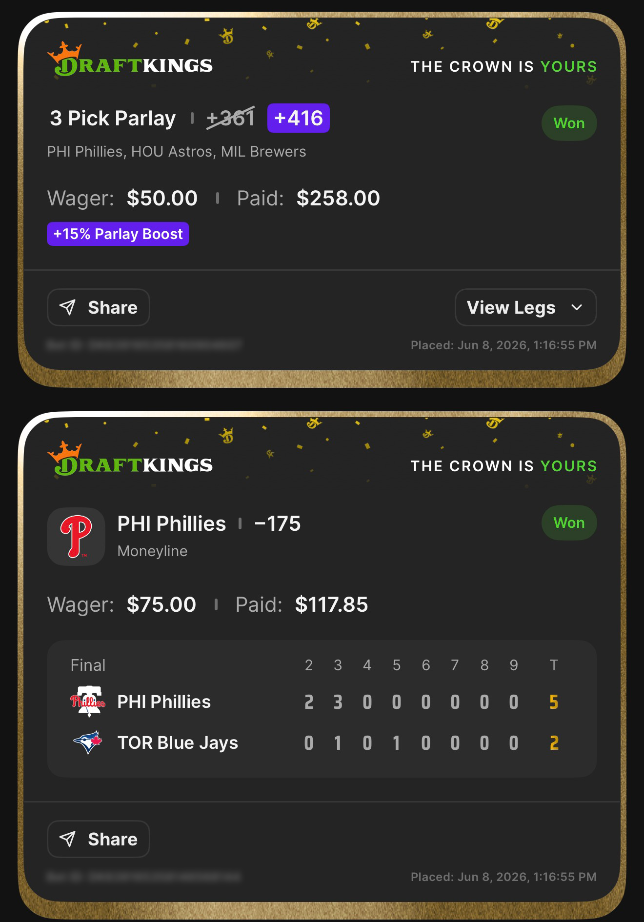 DraftKings 3 Pick Parlay +416 (boosted from +361 with +15% Parlay Boost) PHI Phillies, HOU Astros, MIL Brewers won $50β$258.00 + PHI Phillies ML -175 anchor won $75β$117.85 β Phillies 5, Blue Jays 2 β June 8, 2026