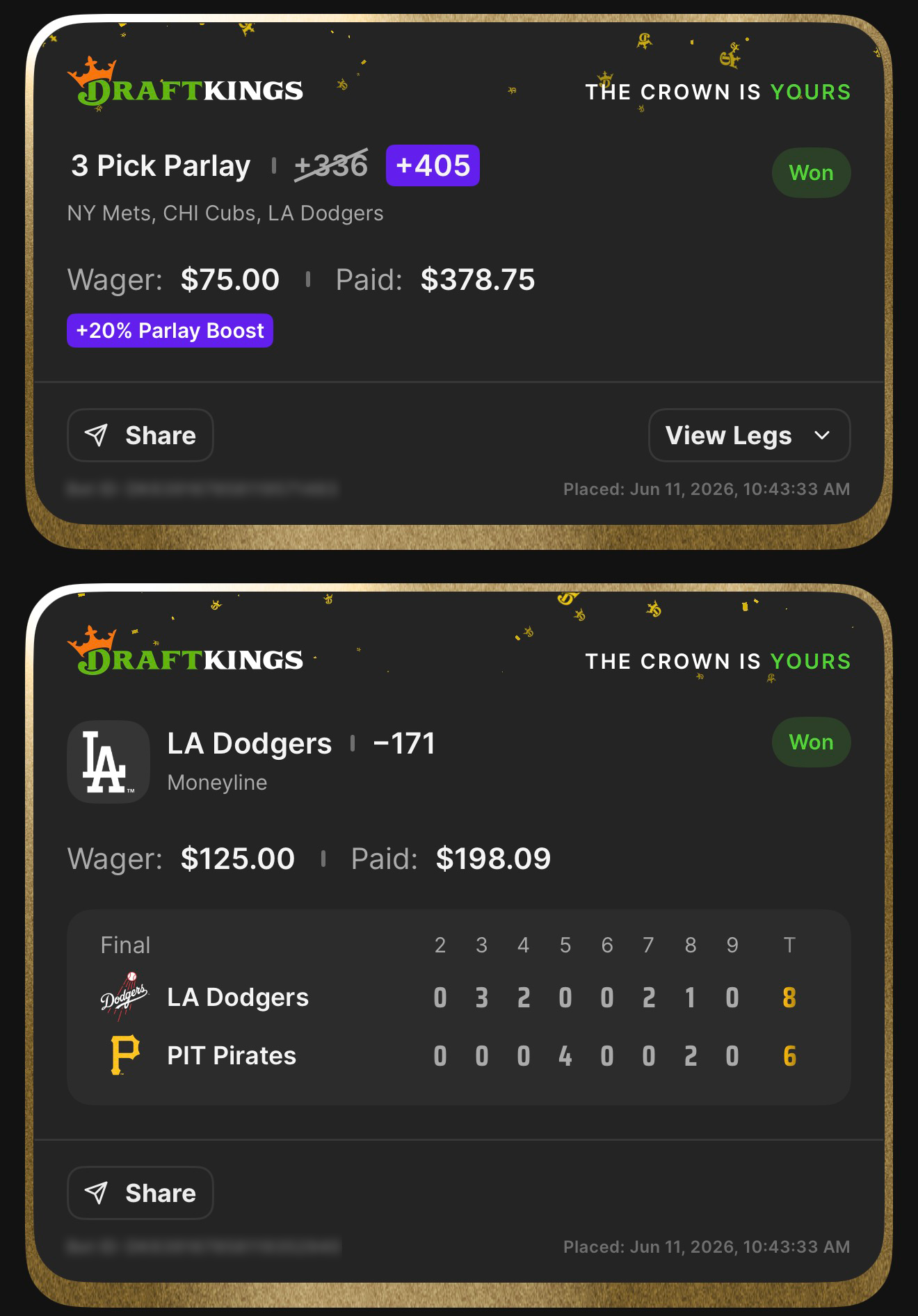 DraftKings 3 Pick Parlay +405 (boosted from +336 with +20% Parlay Boost) NY Mets, CHI Cubs, LA Dodgers won $75β$378.75 + LA Dodgers ML -171 anchor won $125β$198.09 β Dodgers 8, Pirates 6 β June 11, 2026