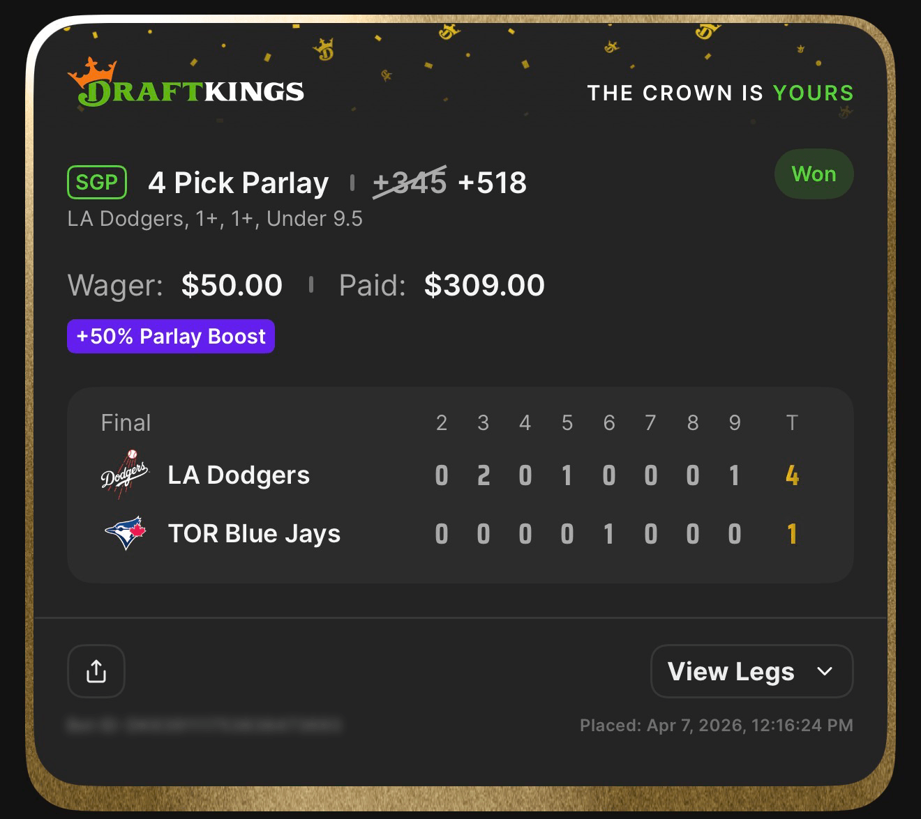 4 Pick SGP +518 boosted β LA Dodgers correlated legs β Won $309 from $50 with 50% Boost