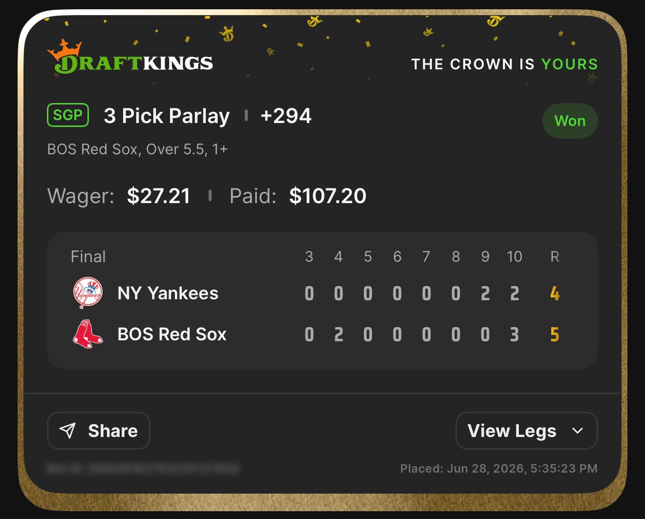 DraftKings SGP 3 Pick Parlay +294 BOS Red Sox, Over 5.5, 1+ won $27.21β$107.20 β Red Sox 5, Yankees 4 β June 28, 2026