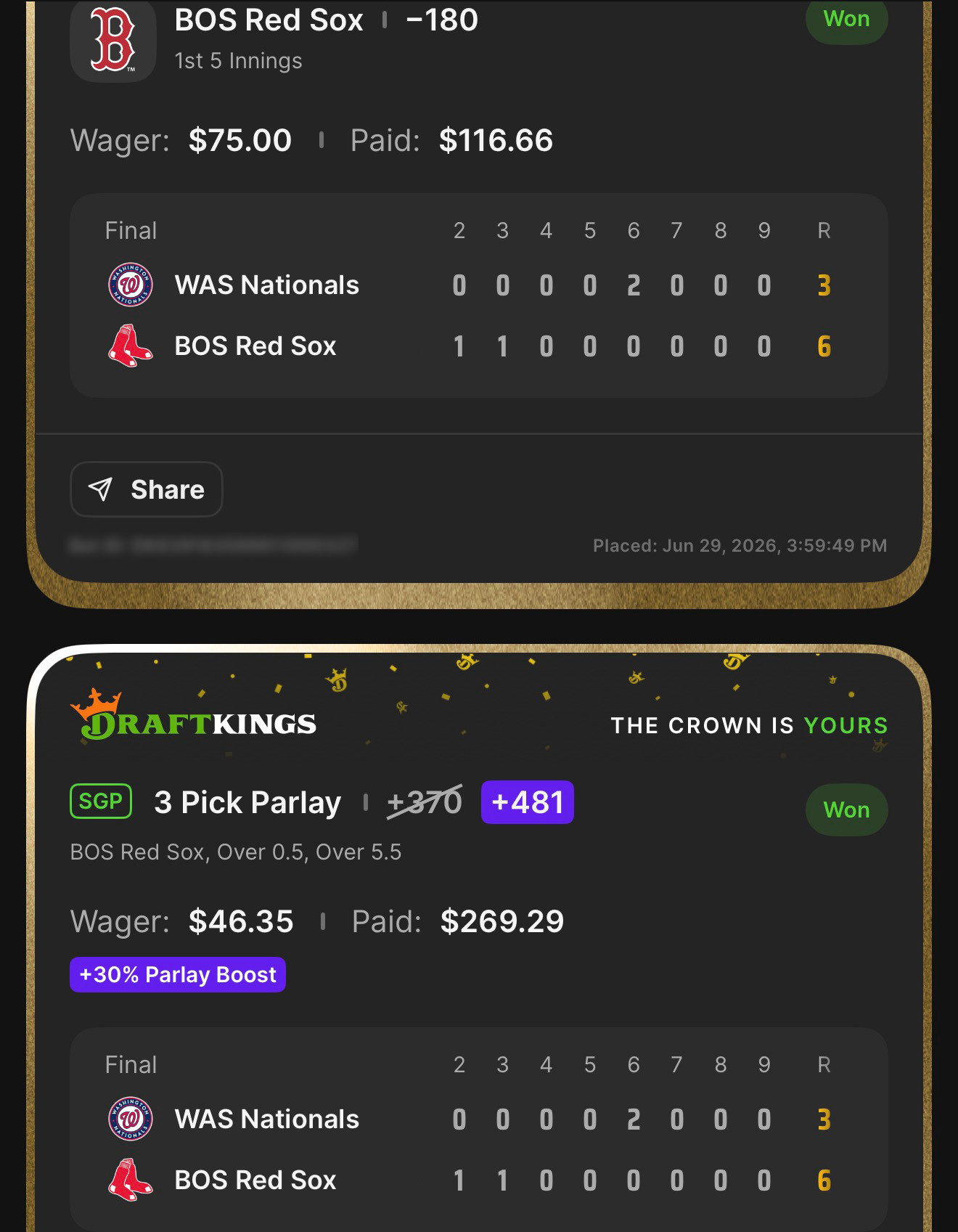 DraftKings BOS Red Sox 1st 5 Innings β180 won $75β$116.66 + SGP 3 Pick Parlay +481 (boosted from +370 with +30% Parlay Boost) BOS Red Sox, Over 0.5, Over 5.5 won $46.35β$269.29 β Red Sox 6, Nationals 3 β June 29, 2026