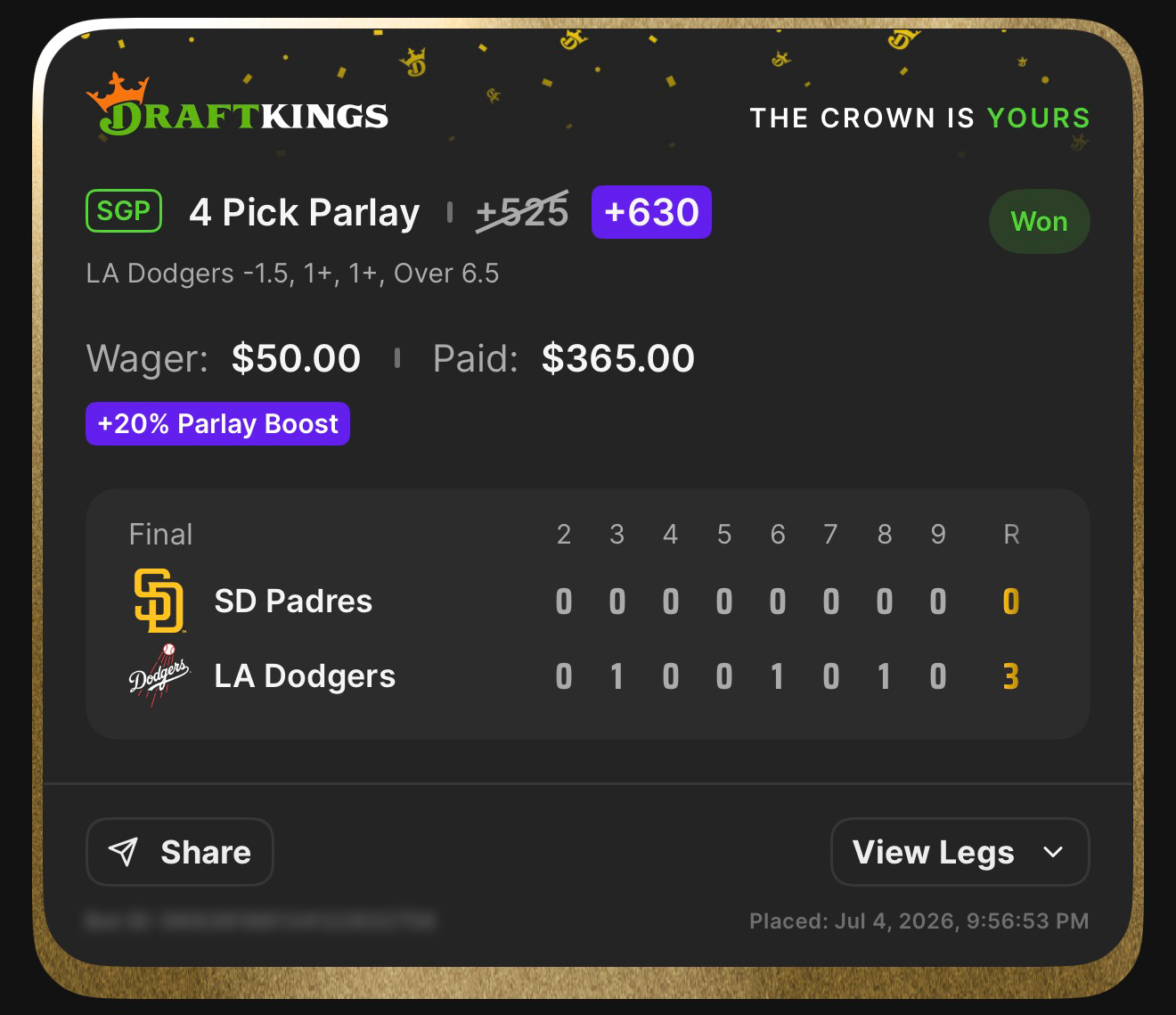 DraftKings SGP 4 Pick Parlay +630 (boosted from +525 with +20% Parlay Boost) LA Dodgers -1.5, 1+, 1+, Over 6.5 won $50β$365.00 β Dodgers 3, Padres 0 β July 4, 2026