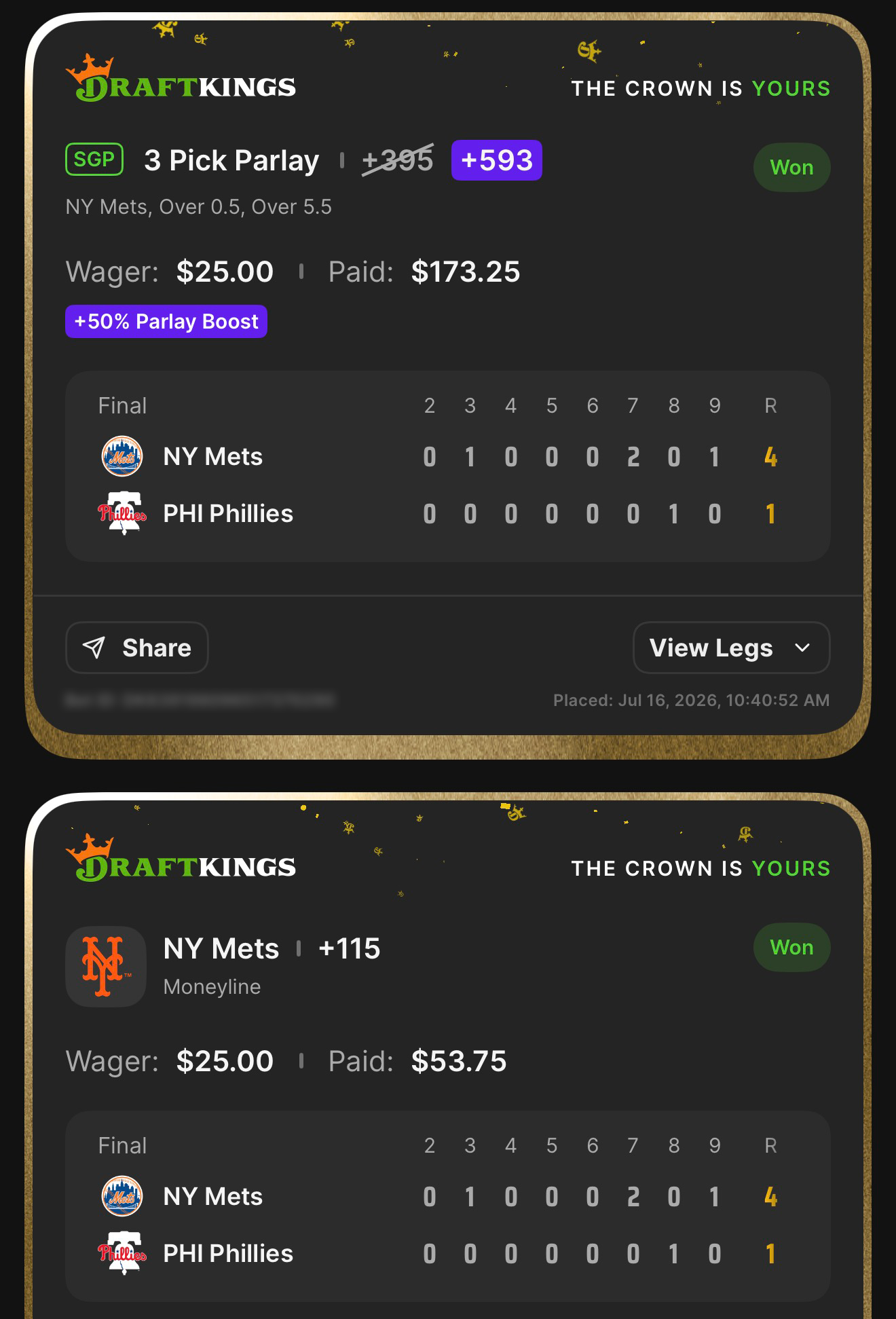 DraftKings SGP 3 Pick Parlay +593 (boosted from +395 with +50% Parlay Boost) NY Mets, Over 0.5, Over 5.5 won $25β$173.25 + NY Mets ML +115 anchor won $25β$53.75 β Mets 4, Phillies 1 β July 16, 2026