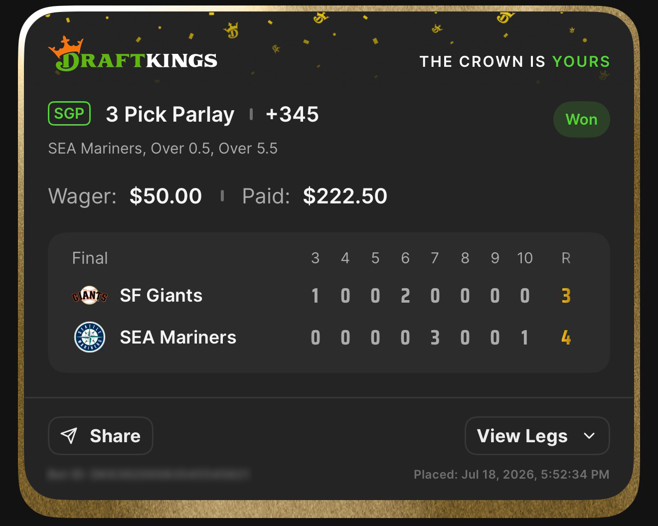 DraftKings SGP 3 Pick Parlay +345 SEA Mariners, Over 0.5, Over 5.5 won $50β$222.50 β Mariners 4, Giants 3 (10 innings) β July 18, 2026