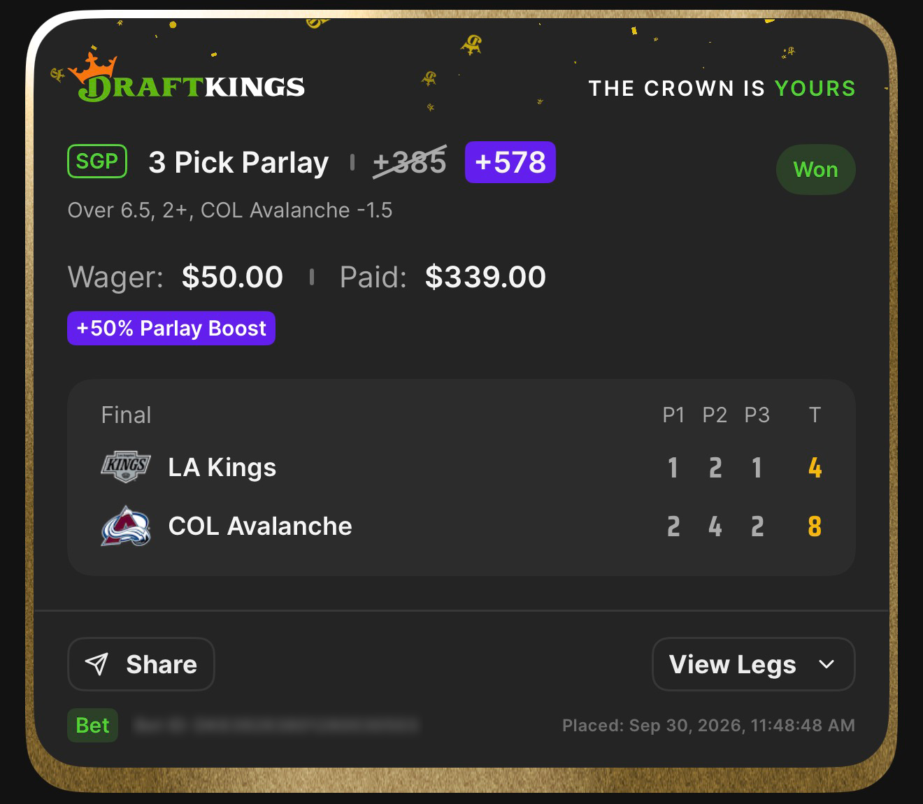 DraftKings NHL SGP 3 Pick Parlay +578, boosted from +385 with a 50% Parlay Boost, featuring Over 6.5, 2+, and COL Avalanche -1.5 won $50.00 to pay $339.00; Avalanche defeated LA Kings 8-4 on September 30, 2026 at 11:48:48 AM ET