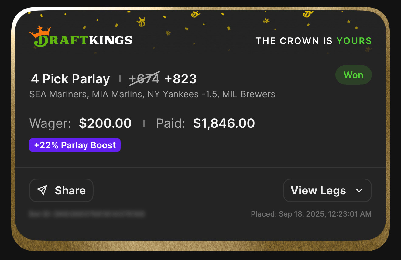 4 Pick Parlay +823 boosted β SEA Mariners, MIA Marlins, NY Yankees, MIL Brewers β Won $1,846 from $200 with 22% Boost